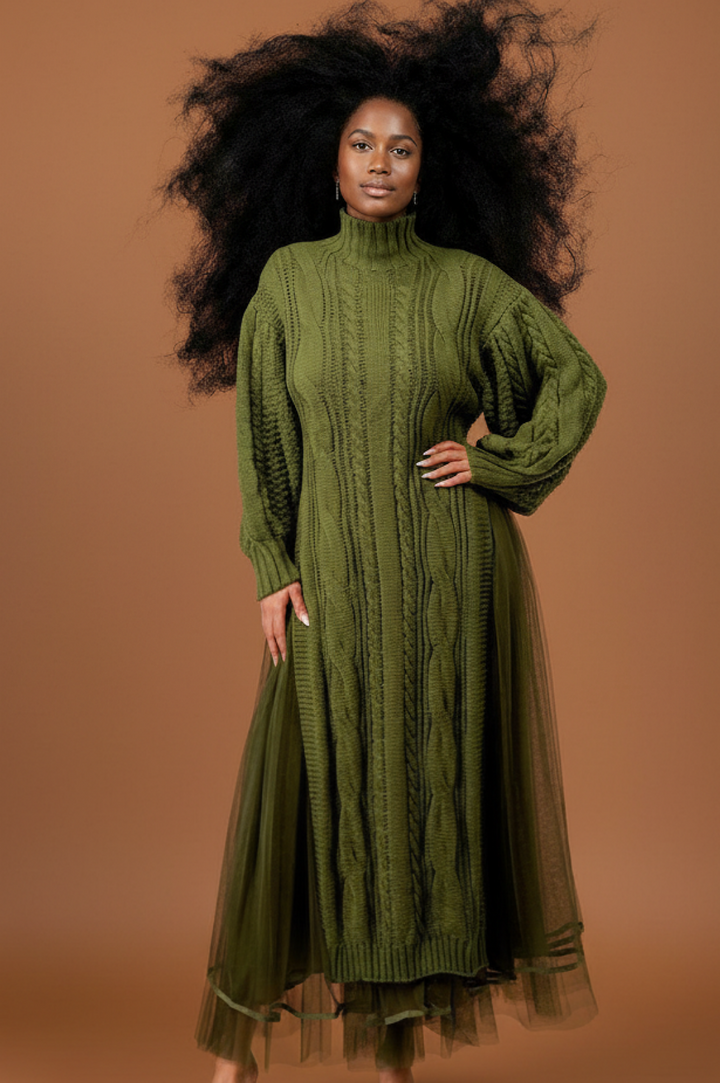 Olive Green Knit Tulle Two Piece Skirt Set