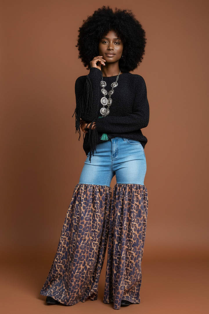 Distressed Light Denim Animal Print Palazzo Wide Leg Jeans