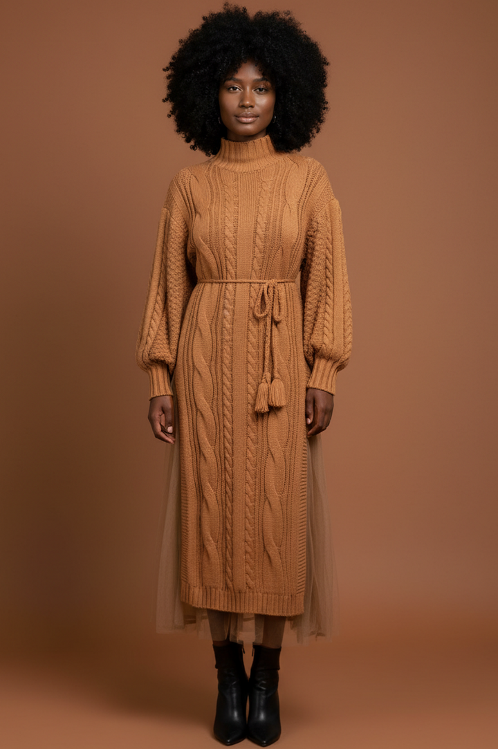 Light Brown Knit Tulle Two Piece Skirt Set