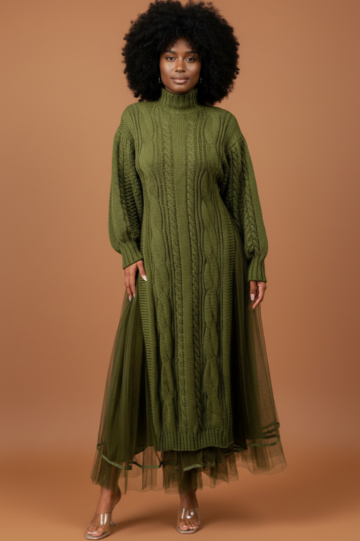 Olive Green Knit Tulle Two Piece Skirt Set