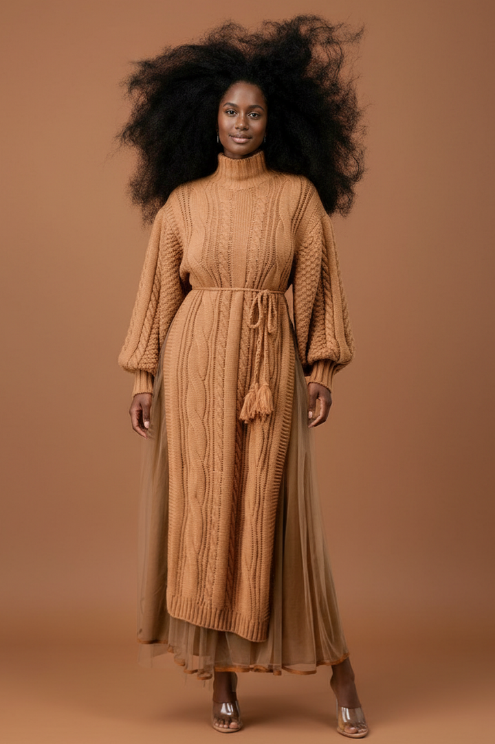 Light Brown Knit Tulle Two Piece Skirt Set