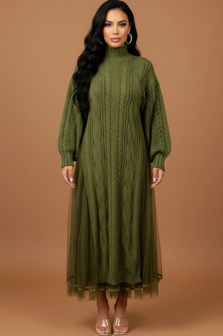 Olive Green Knit Tulle Two Piece Skirt Set