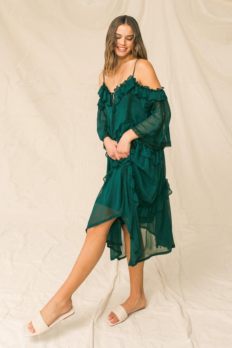 YOU'RE MINES STILL RUFFLED MIDI DRESS