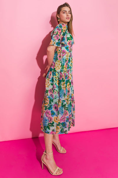 YOUR PLACE OR MINE FLORAL WOVEN MIDI DRESS