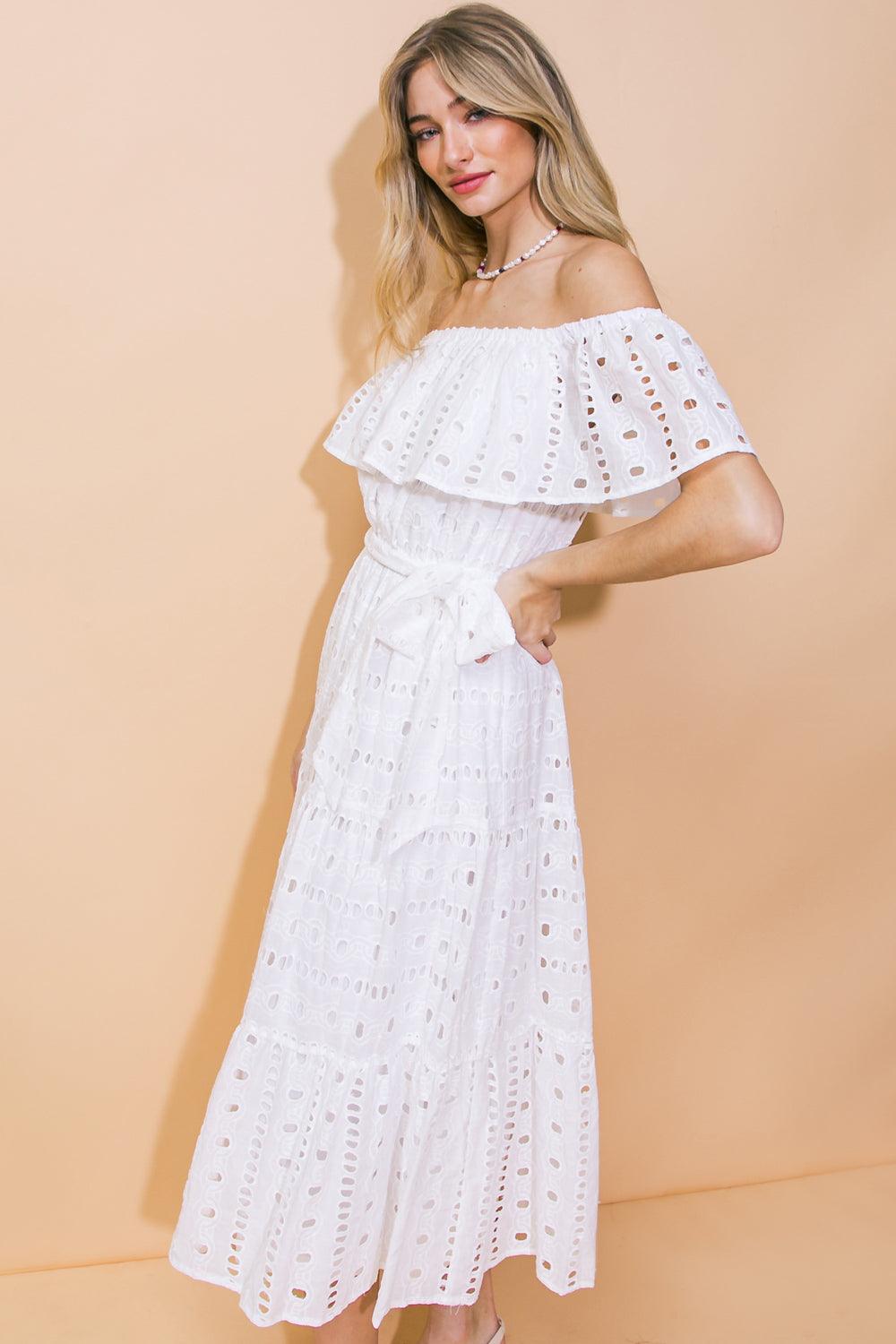 CATCHING MY BREATH EYELET MIDI DRESS