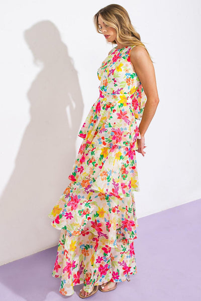 Side view of floral high-rise woven maxi dress with layered design.