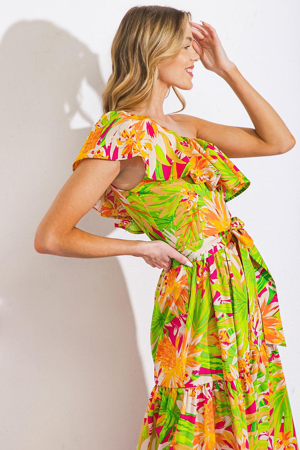 Side view of one-shoulder floral poplin maxi dress