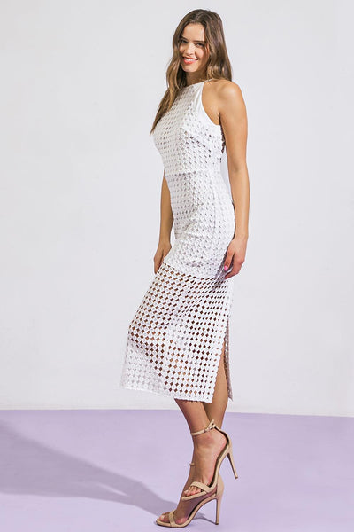 White woven midi dress with side slit, side view