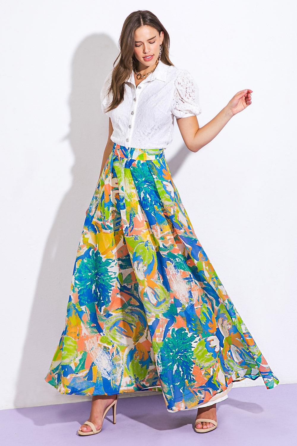 Colorful floral Coastal Chic woven maxi skirt, front view.