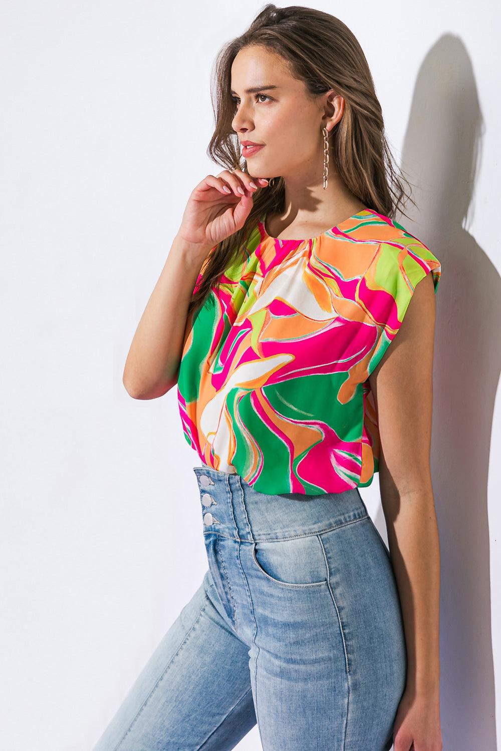 Side view of model in abstract patterned woven top