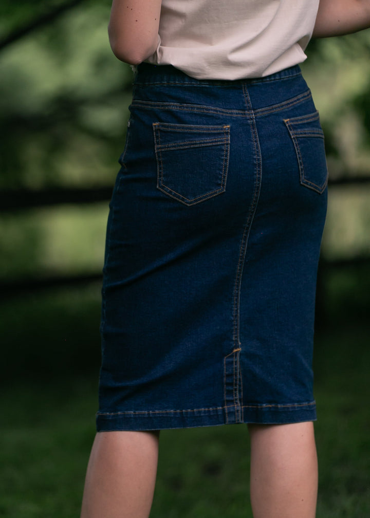 Sandra Dark Wash Denim Midi Skirt