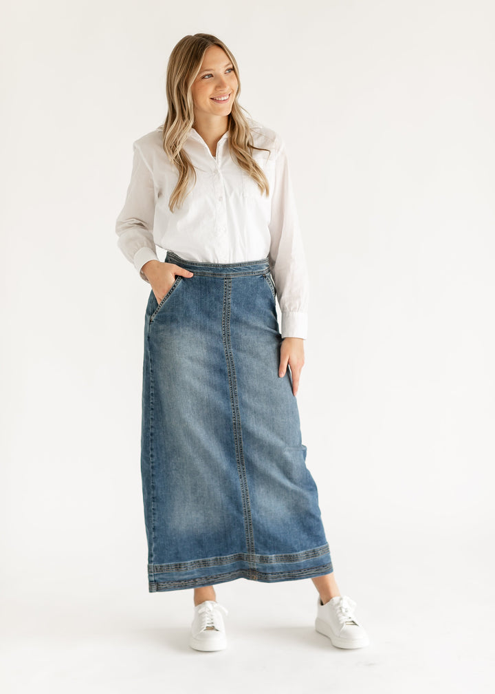 Sutton Side Zip A-line Denim Maxi Skirt - FINAL SALE