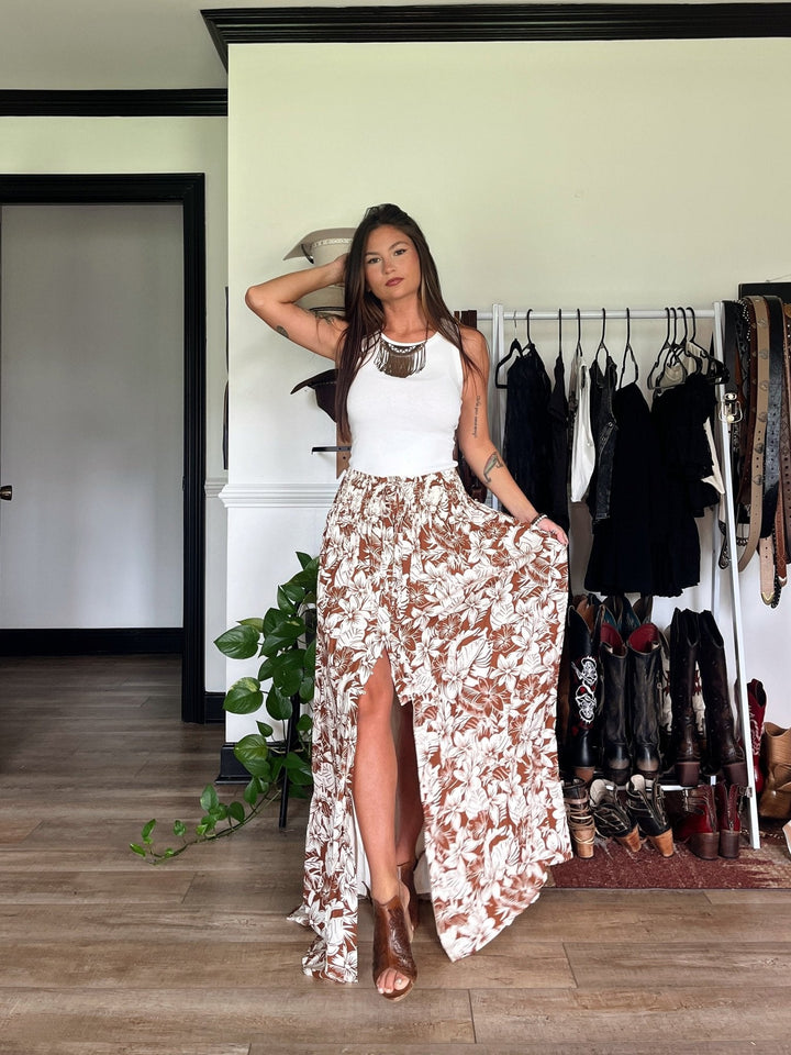 Taupe Floral Print Smocked Maxi Skirt - FINAL SALE