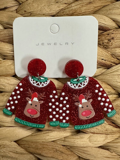 Red Acrylic Reindeer Dangle Earrings - Sybaritic Bags & Clothing