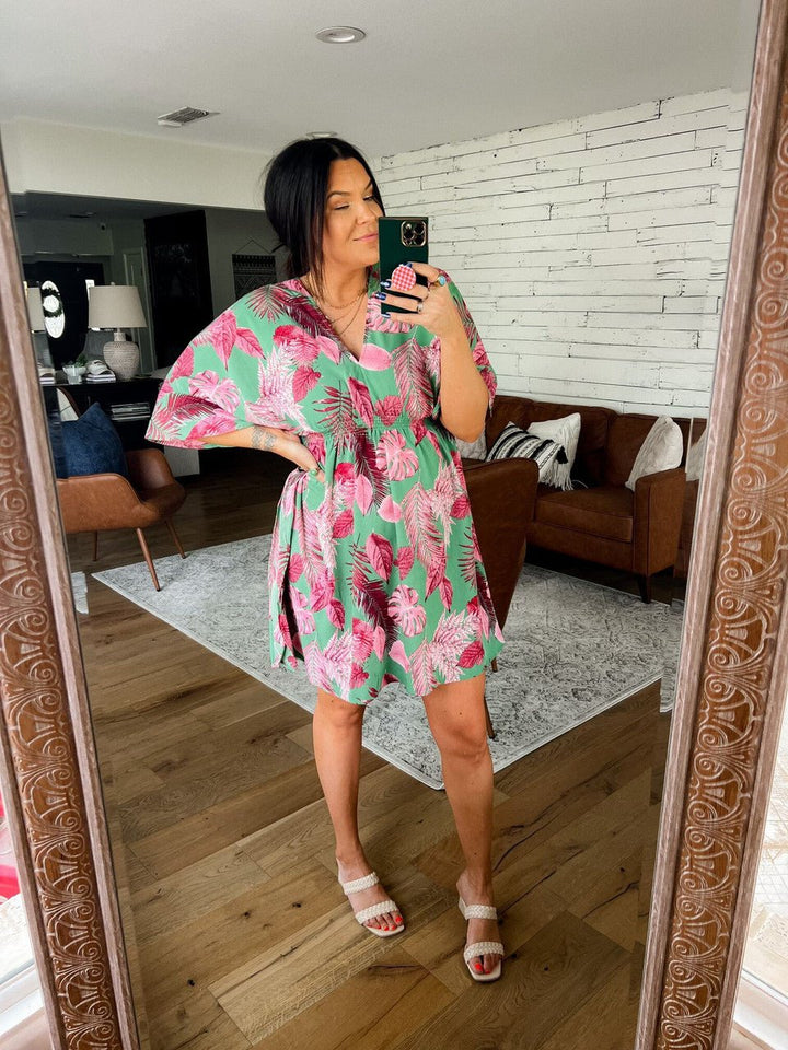 V-Neck Green/Pink Palm Empire Dress - FINAL SALE