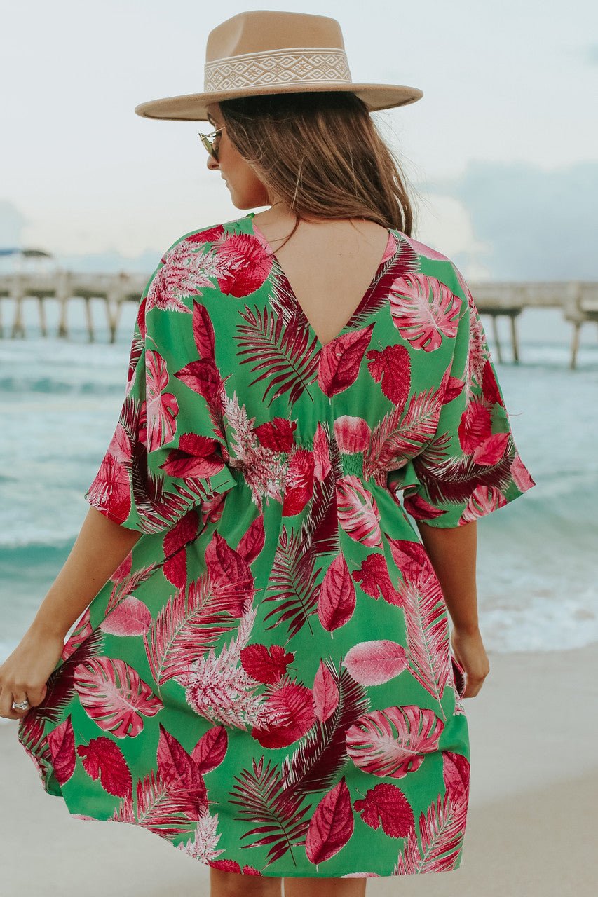V-Neck Green/Pink Palm Empire Dress - FINAL SALE