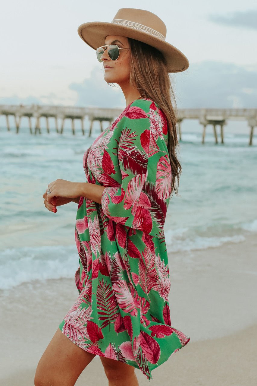 V-Neck Green/Pink Palm Empire Dress - FINAL SALE