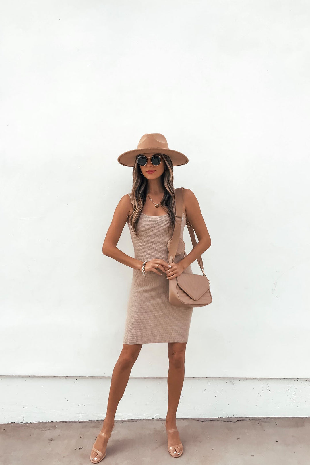 Waffle Knit Ring Strap Mini Dress - Beige - FINAL SALE