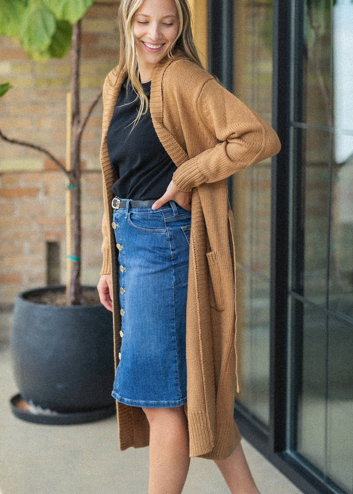 Zana Front Button Denim Midi Skirt