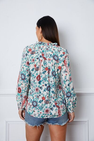Floral Notched Long Sleeve Blouse - Sybaritic Bags & Clothing