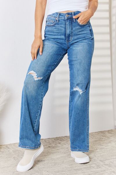 Judy Blue Full Size High Waist Distressed Straight-Leg Jeans - Sybaritic Bags & Clothing
