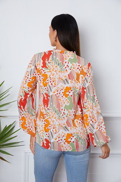 Floral Frill Notched Long Sleeve Blouse - Sybaritic Bags & Clothing