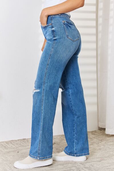 Judy Blue Full Size High Waist Distressed Straight-Leg Jeans - Sybaritic Bags & Clothing