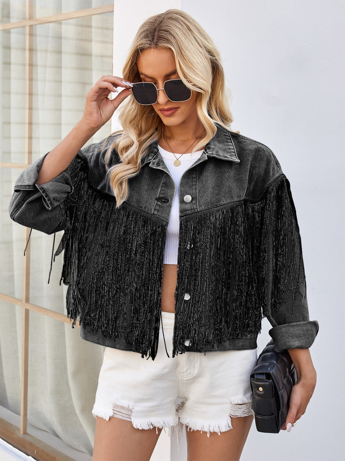 Tassel Button Up Dropped Shoulder Denim Jacket - Sybaritic Bags & Clothing