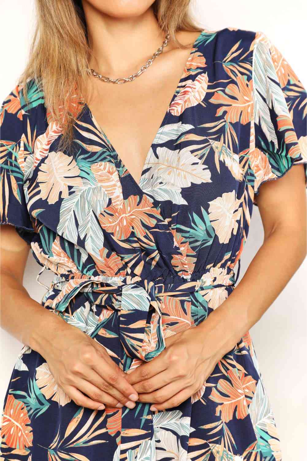 Double Take Botanical Print Surplice Neck Tie Waist Romper - Sybaritic Bags & Clothing