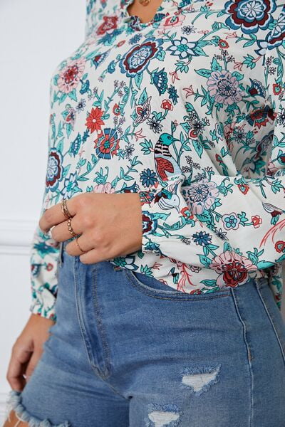 Floral Notched Long Sleeve Blouse - Sybaritic Bags & Clothing