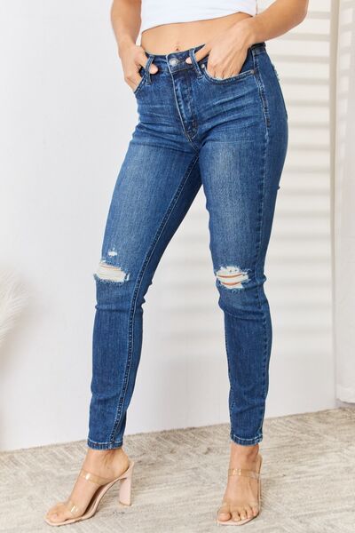 Judy Blue Full Size High Waist Distressed Slim Jeans - Sybaritic Bags & Clothing