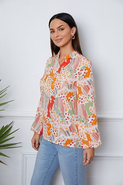 Floral Frill Notched Long Sleeve Blouse - Sybaritic Bags & Clothing