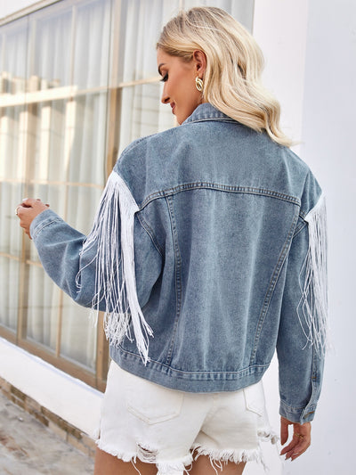 Tassel Button Up Dropped Shoulder Denim Jacket - Sybaritic Bags & Clothing
