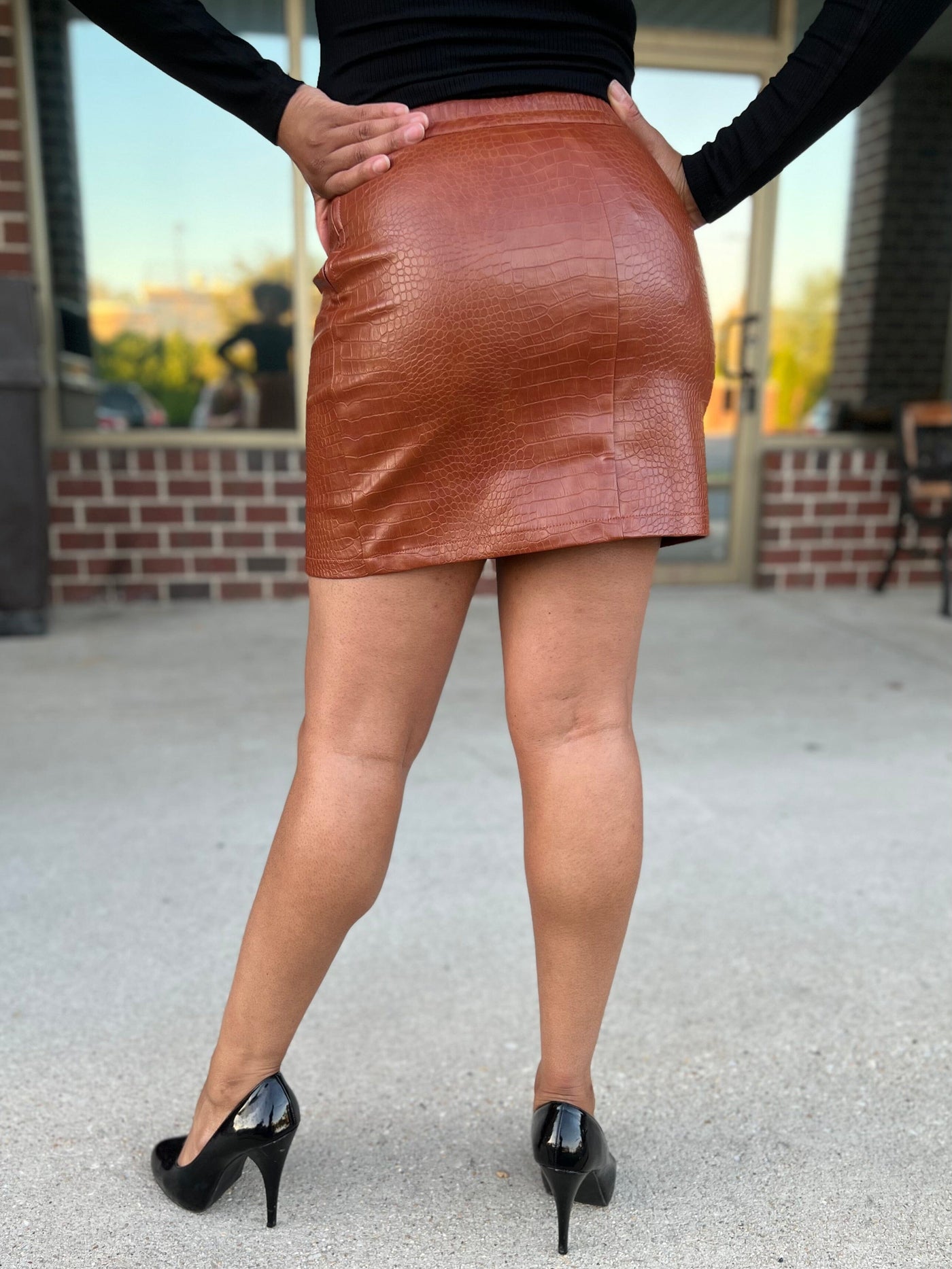 Faux Leather Croc Print Mini Skirt - Cognac Brown Skirts Skies Are Blue 
