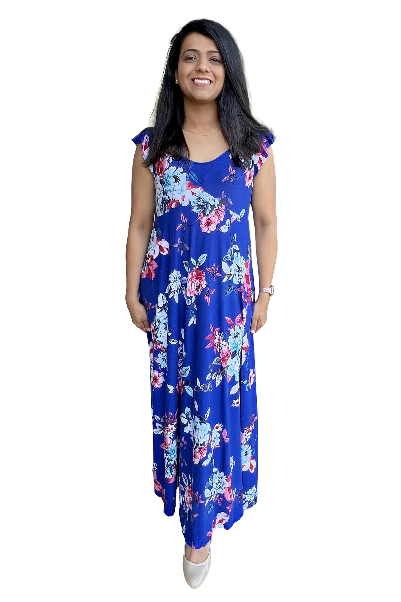 Floral Printed Scoop-Neck Maxi Dress - Royal Blue
