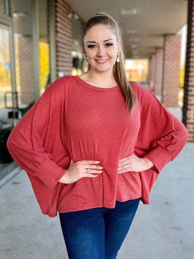 Stylish Plus Size Batwing Knit Top - Dusty Coral Orange Top Gilli 
