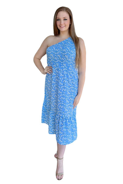 Women's Cheerful Floral Print Smocked One Shoulder Sky Blue Dress Dress Sybaritic Boutique 