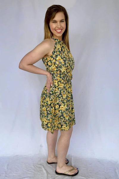 Yellow Floral Halter Top Style Sundress Dress
